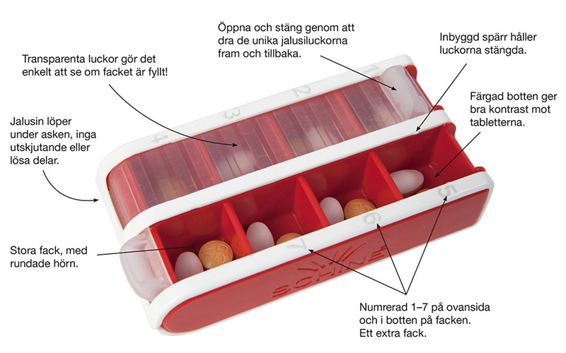 PillBox S röd, pillerbox med jalusi